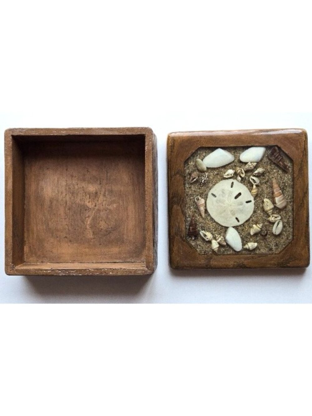 Vintage Wood Trinket Box Lucite Acrylic Lid, Seashell Sand Dollar 4.75in Square - Picture 2 of 4